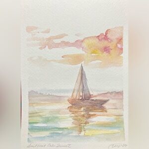 Original sailboat sunset painting schooner art ocean marine nautical Artettina